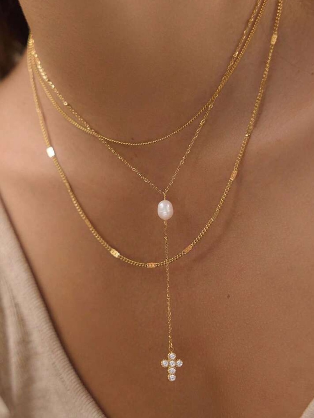 Kohl's Gold Layered Lariat Necklace with Pearl & Cross